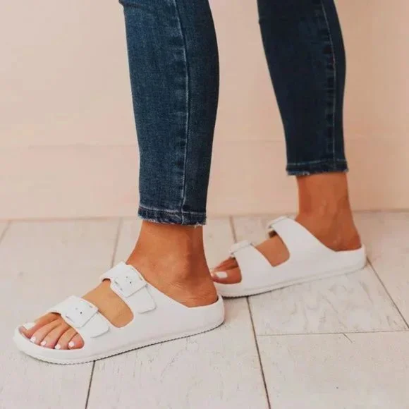 NEW Adjustable Double Buckled Straps Comfy Slip On Slides Slippers Sandals White - Picture 6 of 12